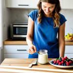 A young adult woman in a modest, casual outfit, standing in a bright, modern kitchen, meticulously preparing a healthy yogurt parfait. She holds a glass jar layered with creamy Greek yogurt, fresh Swedish blueberries, and homemade granola. Sunlight streams through a window, illuminating the scene. The counter is clean with a bowl of colorful berries and a cutting board with sliced fruit. The overall impression is one of health and a mindful lifestyle, safe for work, appropriate content, fully clothed, family-friendly, perfect anatomy, correct proportions, natural pose, well-formed hands, proper finger count, natural body proportions, professional photography, high quality.