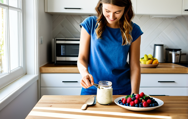 A young adult woman in a modest, casual outfit, standing in a bright, modern kitchen, meticulously preparing a healthy yogurt parfait. She holds a glass jar layered with creamy Greek yogurt, fresh Swedish blueberries, and homemade granola. Sunlight streams through a window, illuminating the scene. The counter is clean with a bowl of colorful berries and a cutting board with sliced fruit. The overall impression is one of health and a mindful lifestyle, safe for work, appropriate content, fully clothed, family-friendly, perfect anatomy, correct proportions, natural pose, well-formed hands, proper finger count, natural body proportions, professional photography, high quality.