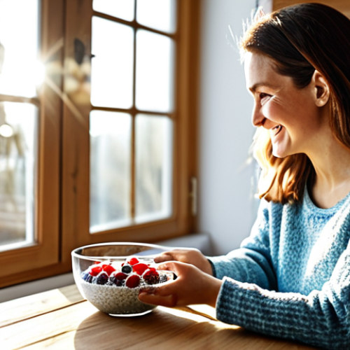 Home 6 Chia Pudding Breakfast**
A brightly lit kitchen scene. A woman in a cozy, fully clothed sweater sits at a wooden table, smiling as she enjoys a breakfast of chia pudding topped with fresh berries and almonds in a glass bowl. The background features sunlight streaming through a window, highlighting the natural ingredients. Safe for work, appropriate content, fully clothed, professional food photography, perfect anatomy, natural proportions, family-friendly.
**