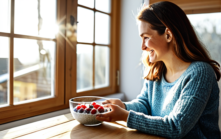 Chia Pudding Breakfast**

A brightly lit kitchen scene. A woman in a cozy, fully clothed sweater sits at a wooden table, smiling as she enjoys a breakfast of chia pudding topped with fresh berries and almonds in a glass bowl. The background features sunlight streaming through a window, highlighting the natural ingredients. Safe for work, appropriate content, fully clothed, professional food photography, perfect anatomy, natural proportions, family-friendly.

**